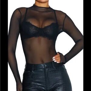 Naked Wardrobe Funnel Neck Long Sleeve Sheer Mesh Top